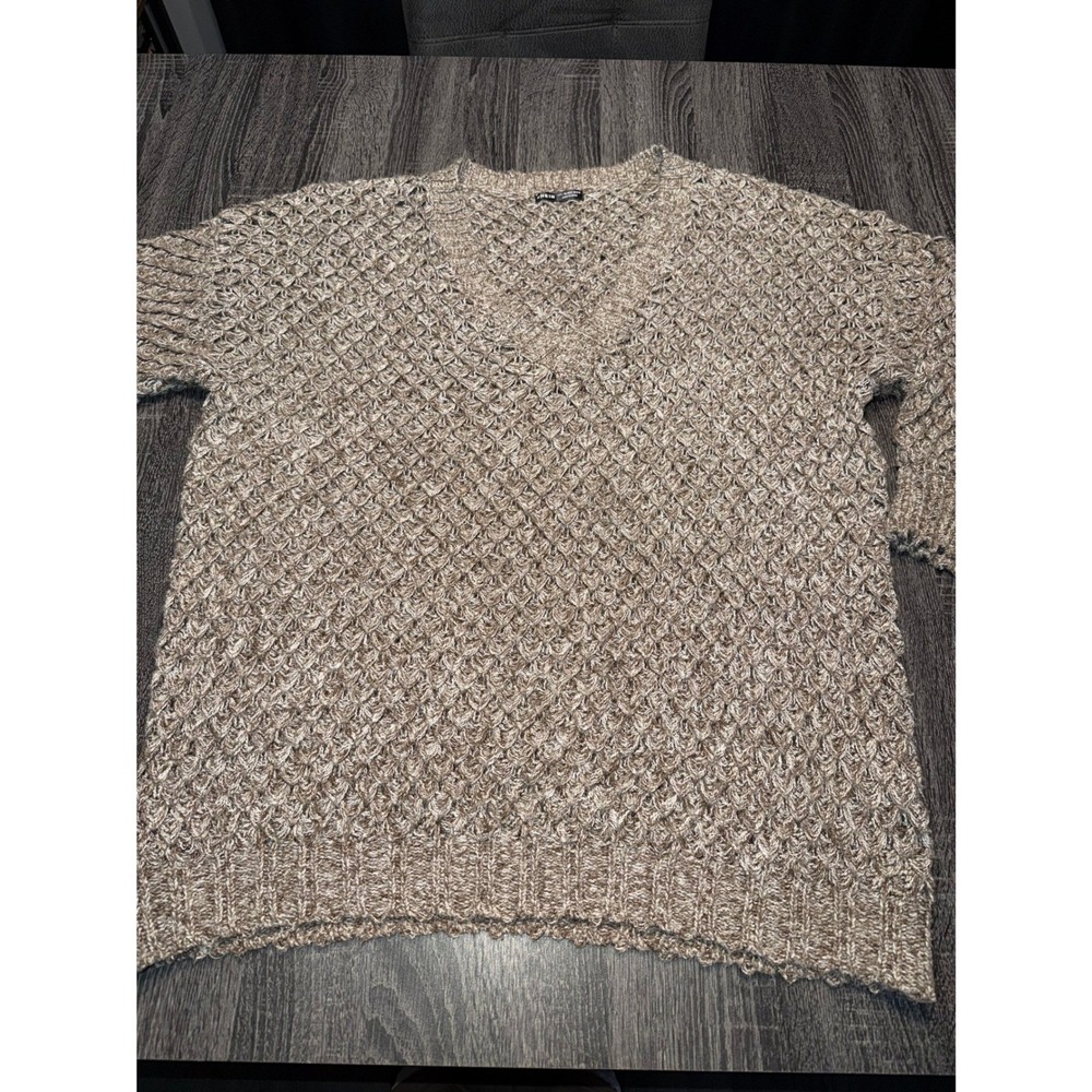 SHEIN Textured Knit V Neck‎ Sweater Long Sleeve Beige Brown Marled Size L